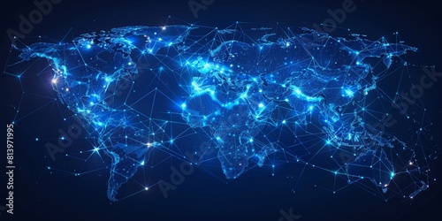 A map of the world with glowing connections between different countries, symbolizing global connectivity and digital network, highlighting China's presence in South Asian region on
