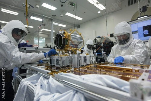 Technicians in cleanroom suits assembling sophisticated satellite components in a high-tech aerospace facility