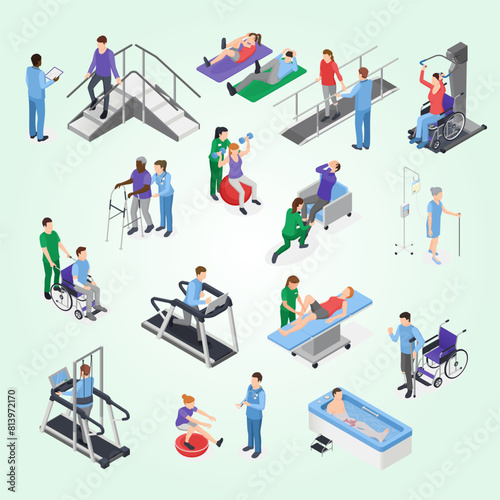 Physiotherapy rehabilitation clinic isometric elements set with nursing staff treatment equipment simulators patient recovery