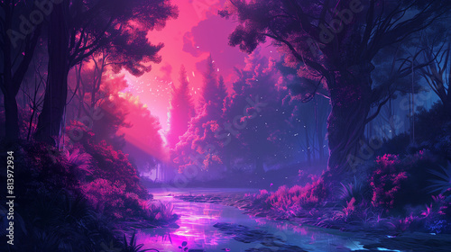 Mystic Sunset Over Serene Fantasy Forest. © vlntn