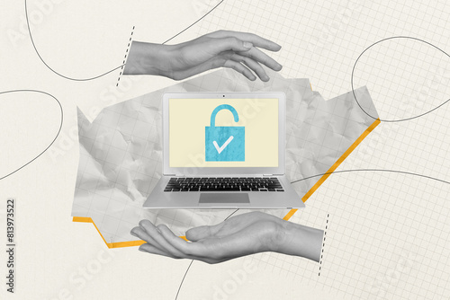 Fotografie Composite photo collage of hand show unlock macbook device hacker cyberattack sp