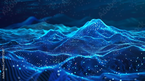 Abstract digital landscape of blue waves made of particles and light dots on a dark background.