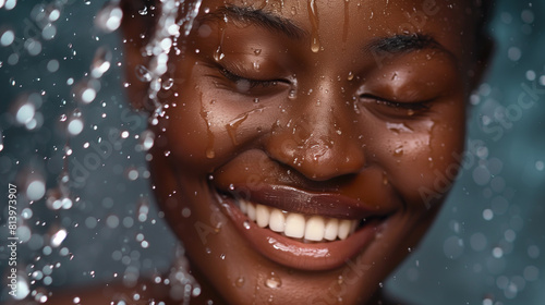 Close-Up Portrait of a Smiling  Woman with Water Droplets