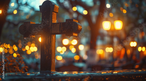 A Christian cross in a bustling city park, with the evening lights from nearby cafes and street lamps creating a vibrant golden bokeh, symbolizing a beacon of tranquility amid urban chaos. photo