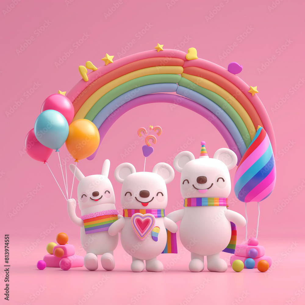 Naklejka premium Lustige Bären Figuren in pink und Regenbogen mit Luftballons als Druckvorlage für Grußkarten und Kinderzimmer Tapeten