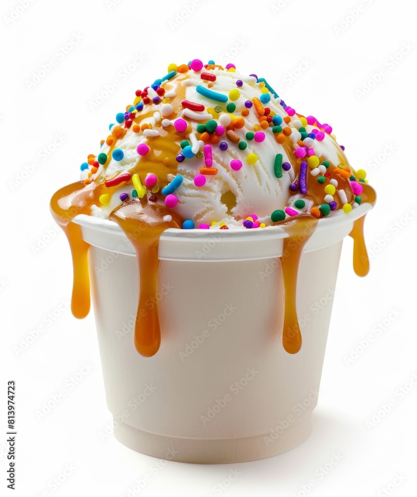 Vanilla ice cream ball with caramel sauce and colorful sprinkles. Ice cream in a wooden cup with a wooden spoon Vanilla ice cream ball with caramel sauce and colorful sprinkles. Ice cream in a wooden cup with a wooden spoon