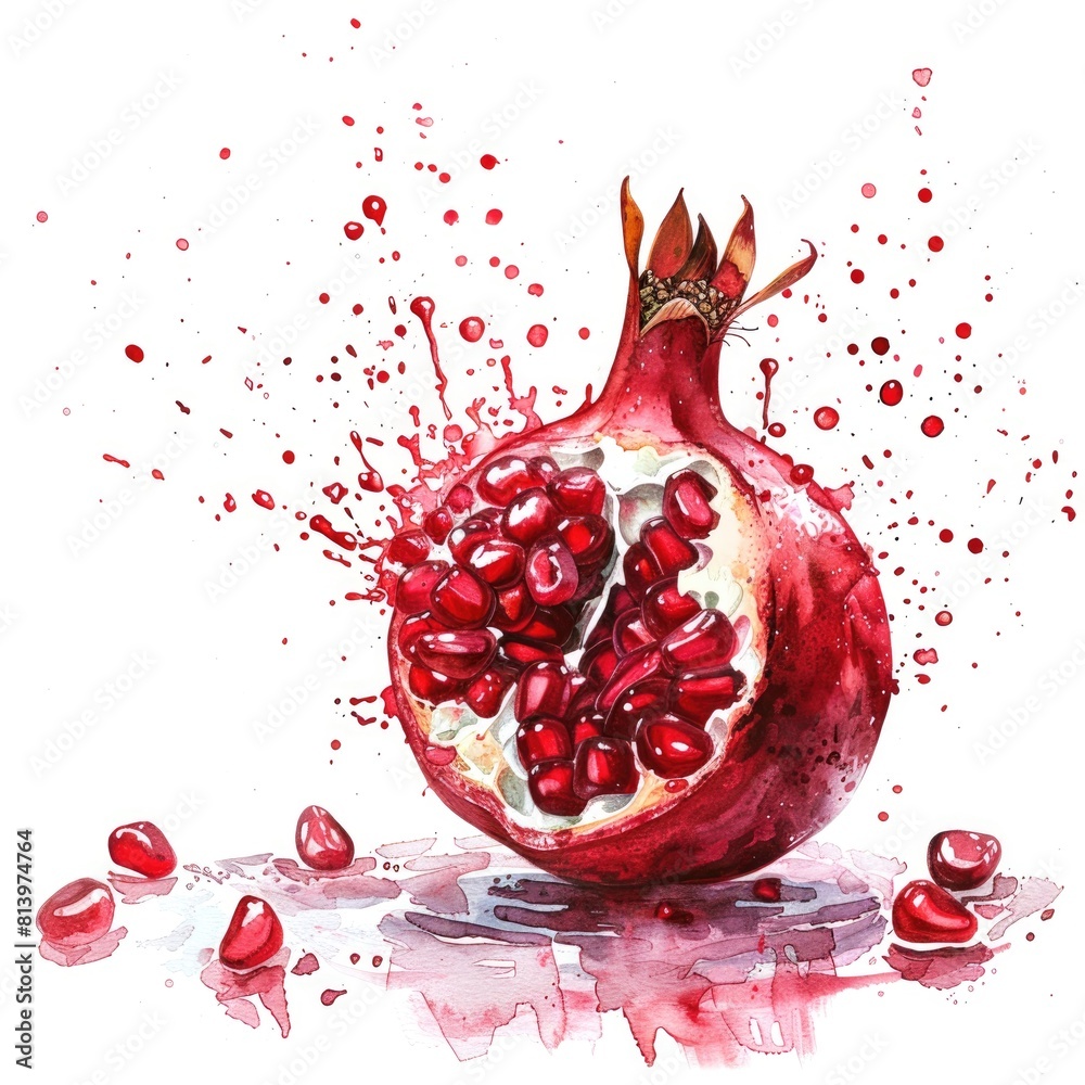 A dynamic watercolor painting of a pomegranate cut open with seeds A dynamic watercolor painting of a pomegranate cut open with seeds