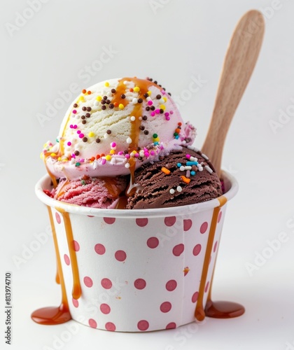 Vanilla ice cream ball with caramel sauce and colorful sprinkles. Ice cream in a wooden cup with a wooden spoon