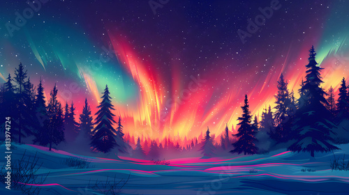 Vibrant Aurora Over Snowy Forest Flat Design Concept  Magical Colors of the Northern Lights Swirling Above a Snow covered Landscape   Flat Style Illustration