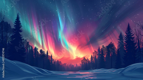 Enchanting Aurora Over Snowy Forest  Vibrant Magical Colors in Flat Design Illustration