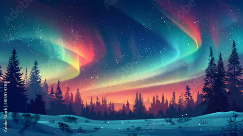 Vibrant auroras swirling over snowy forest casting magical colors, flat design icon illustration