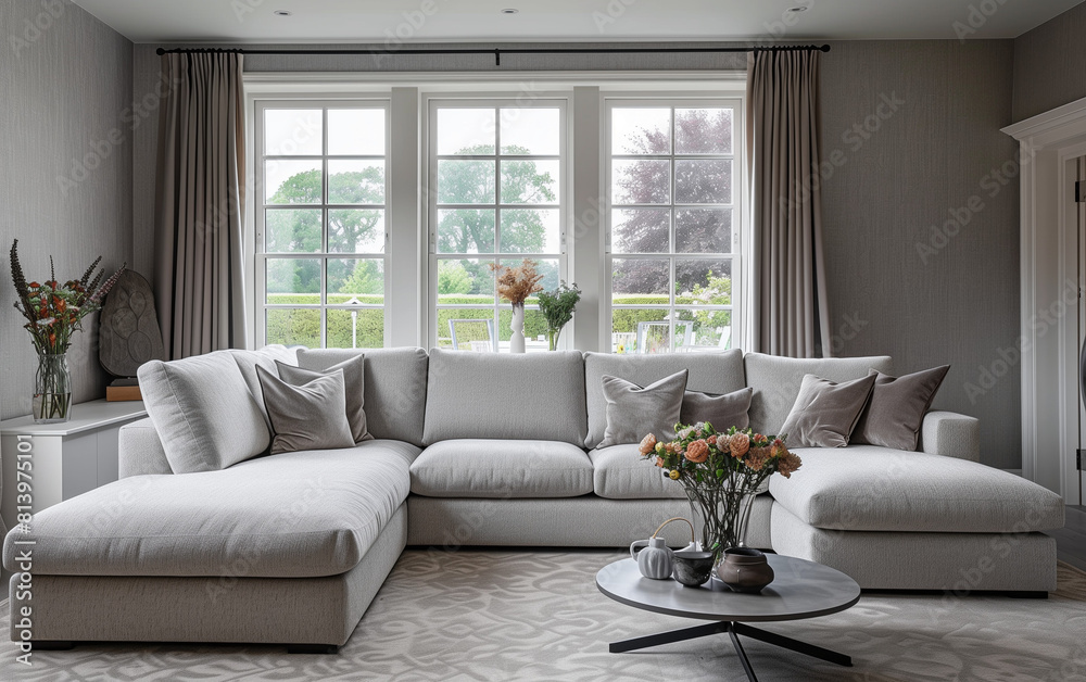Living room with large L-shaped sofa in light gray fabric Living room with large L-shaped sofa in light gray fabric