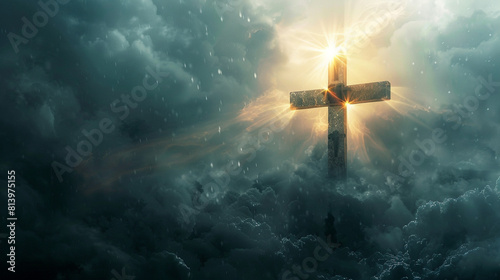 A dramatic image of a large Christian cross illuminated by a single ray of sunlight piercing through a stormy cloud cover. 