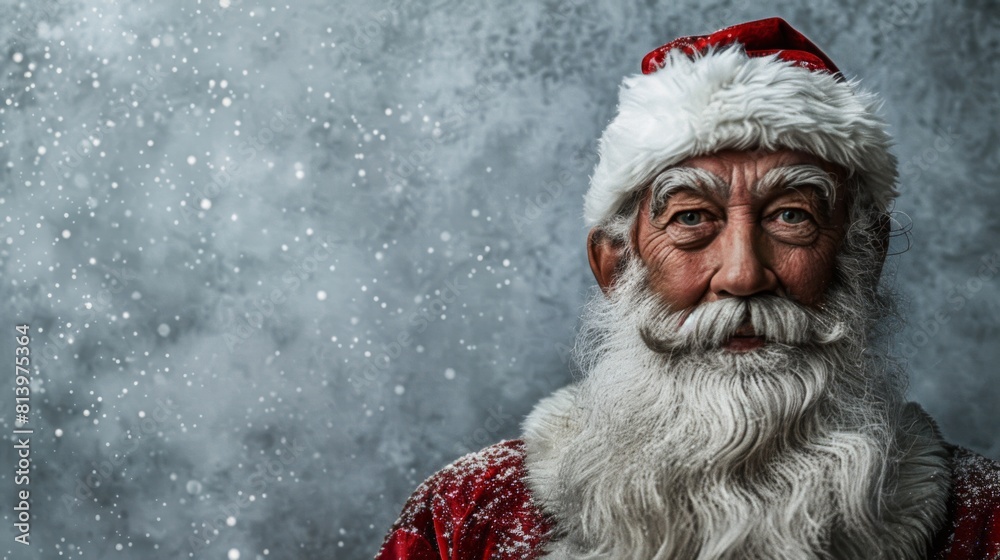 Man dressed as Santa Claus stands in snowy scene Man dressed as Santa Claus stands in snowy scene