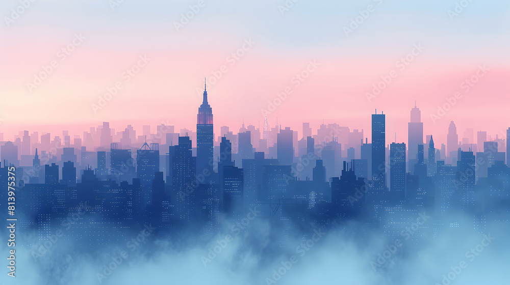 Cityscape in Morning Mist: Urban Skyline  Nature Mystery   Flat Design Icon Illustration