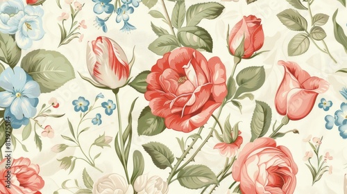 A charming vintage seamless pattern featuring shabby chic roses tulips and forget me nots designed in a classic chintz floral style for both web and print use