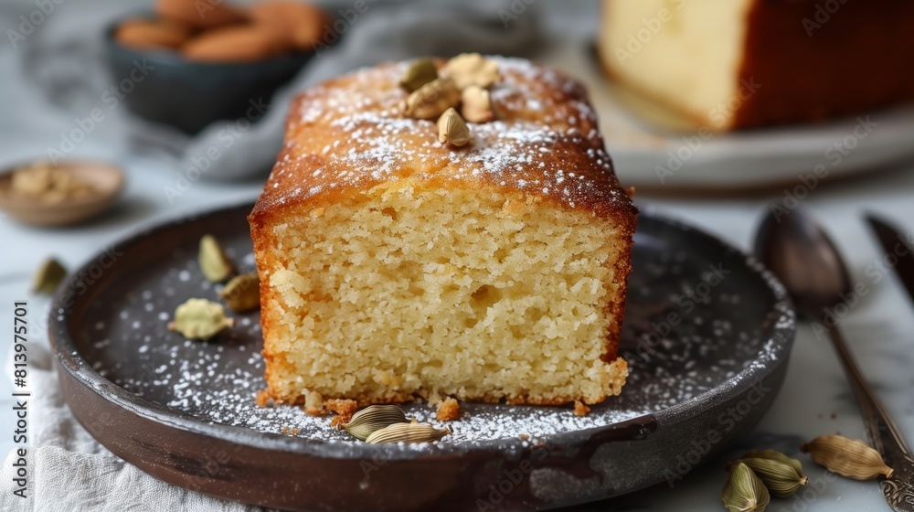 Close-up of cardamom vanilla cake on dark plate, golden crust, moist interior, powdered sugar Close-up of cardamom vanilla cake on dark plate, golden crust, moist interior, powdered sugar
