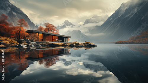 Aerial View Minimalist House Behind A Mountain With Reflections in Water Landscape Background photo