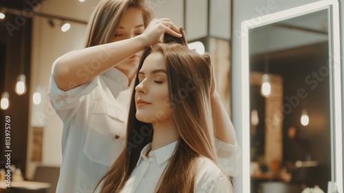 Cabeleireiro criando um lindo penteado para uma jovem estilosa com cabelos longos no moderno salão de cabeleireiro de luxo photo