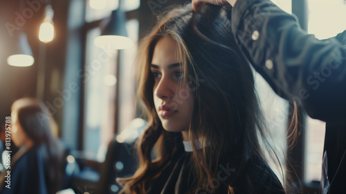 Cabeleireiro criando um lindo penteado para uma jovem estilosa com cabelos longos no moderno salão de cabeleireiro de luxo photo