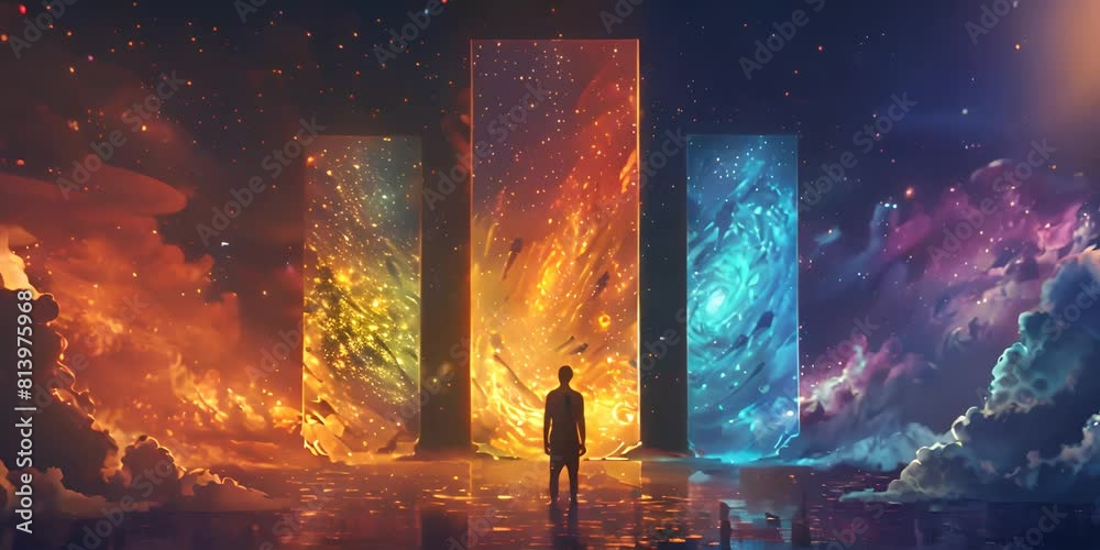 A man stands in front of two doors, one leading to space and the other into earth with a colorful nebula background A man stands in front of two doors, one leading to space and the other into earth with a colorful nebula background