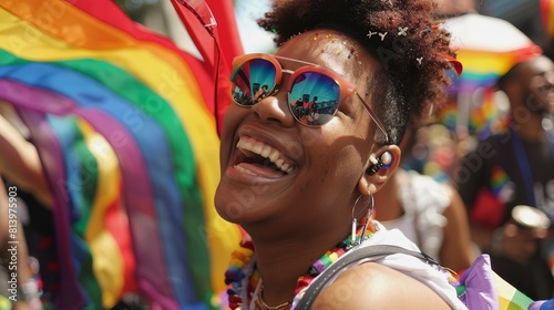 A candid moment capturing the essence of LGBTQ+ celebration, where joyous laughter and vibrant flags fill the frame photo