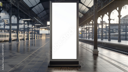 Outdoor de publicidade vertical, lightbox com tela digital vazia na estação ferroviária. Publicidade em cartaz branco em branco, quadro de informação pública fica na estação photo