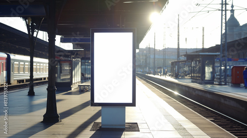 Outdoor de publicidade vertical, lightbox com tela digital vazia na estação ferroviária. Publicidade em cartaz branco em branco, quadro de informação pública fica na estação photo