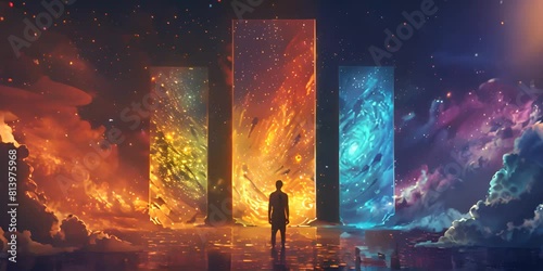 A man stands in front of two doors, one leading to space and the other into earth with a colorful nebula background photo