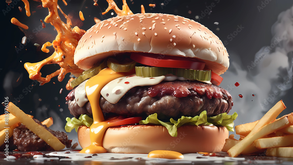 Exploding Buns A mouth-watering burger, where each layer from the bun to the patty to ...