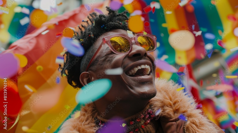 A candid moment capturing the essence of LGBTQ+ celebration, where joyous laughter and vibrant flags fill the frame