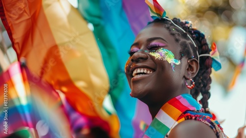 A candid moment capturing the essence of LGBTQ+ celebration, where joyous laughter and vibrant flags fill the frame