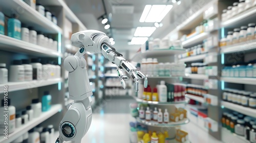 AI robotic arm dispensing medication, clean modern pharmacy, bright lighting, eyelevel camera photo