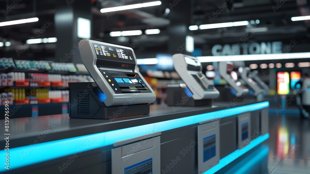 Futuristic AI checkout counter, soft overhead lights, closeup shot, cashier robots scanning items