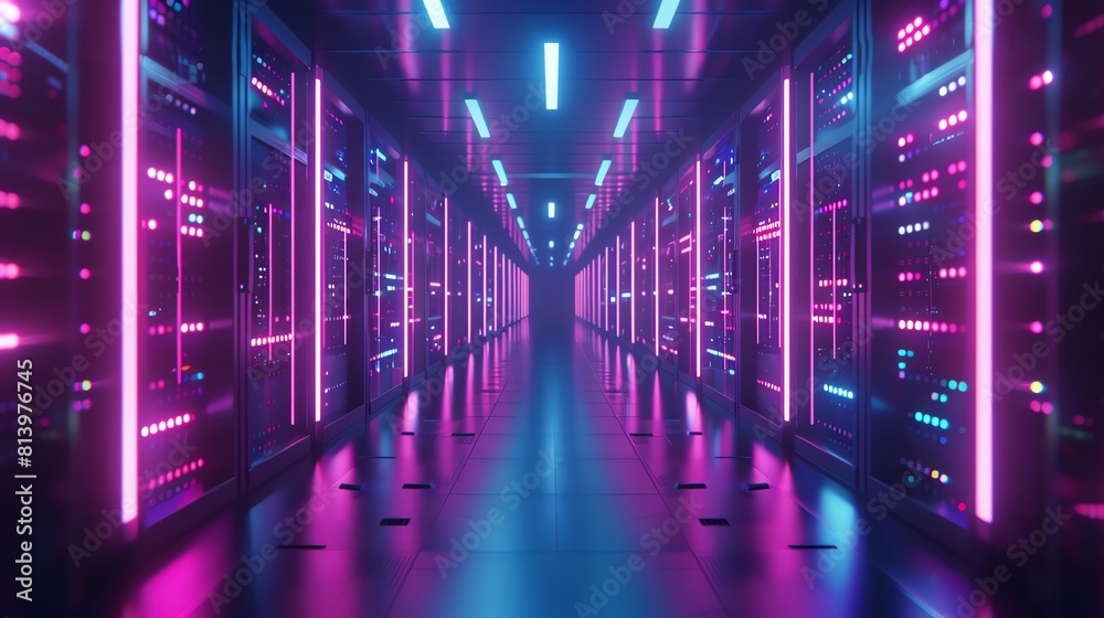 Hightech neural network server room, rows of LED lights, dim ambient, isometric angle