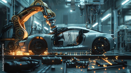 Robot assembling car in AIpowered factory, sparks flying, dim lighting, side view, industrial cinematic style © nuttapong