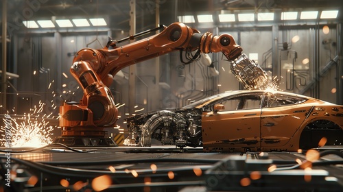 Robot assembling car in AIpowered factory, sparks flying, dim lighting, side view, industrial cinematic style photo