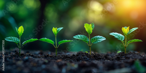 A banner of four little green plants or trees growing on a blurred background, themes of nature, reforestation, new life and afforestation in rich soil.