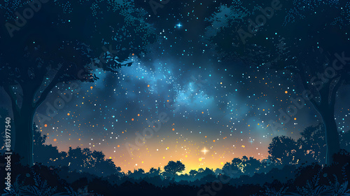 Enchanting Forest Canopy Silhouetted Against Starry Sky   Flat Design Icon Depicting Mysterious Woodland Night Scene © Gohgah