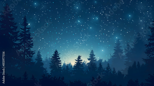 Forest Canopy Under Starry Sky Enchanting Night Scene with Silhouetted Trees, Stars, and Mysterious Atmosphere, Flat Design Icon Concept