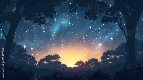 Enchanting Forest Canopy Silhouetted Against Starry Sky Concept Flat Design Icon Illustration of Mysterious Woodland Night Scene