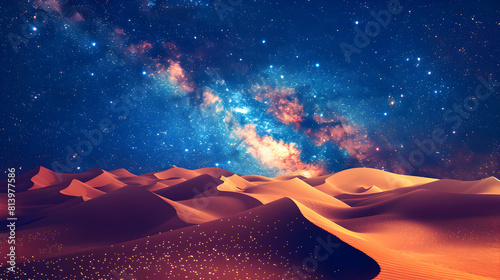 Galactic Core Over Desert Dunes: Stunning Flat Design Illustration Showcasing the Milky Way s Majesty Above Earthly Sandscapes photo