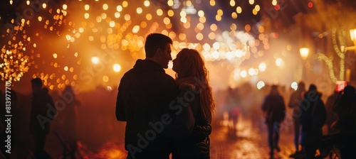 A couple in love at night, with golden lights and fireworks in the background, and a crowd of people walking around.