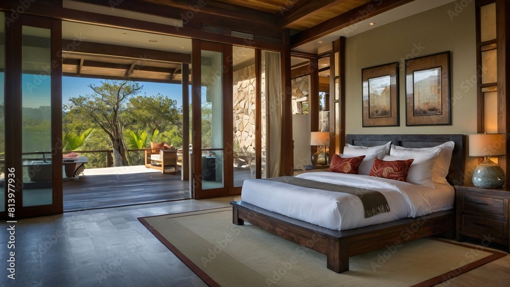 Obraz premium luxurious bedroom with high-quality materials and furniture, such as exclusive linens, plush carpets, and glamorous touches like crystal and gold, to create a luxurious and elegant atmosphere.