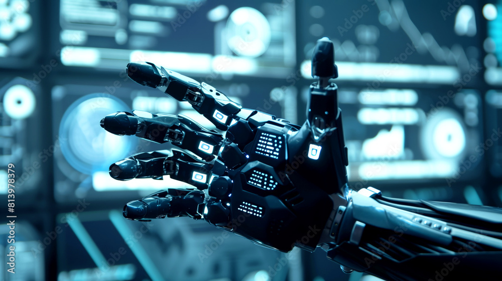 Fototapeta premium Detailed close-up of a robotic hand with illuminated panels against a high-tech dashboard background.
