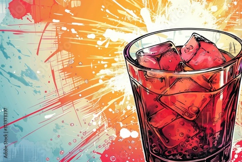 A glass of soda with ice cubes, perfect for summer refreshment