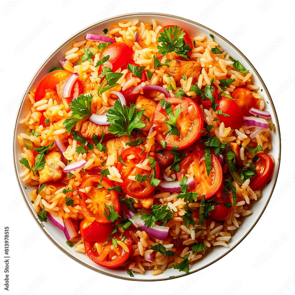 tomato rice with vegetables and chicken healthy isolated on white background.
tomato rice with vegetables and chicken healthy isolated on white background.