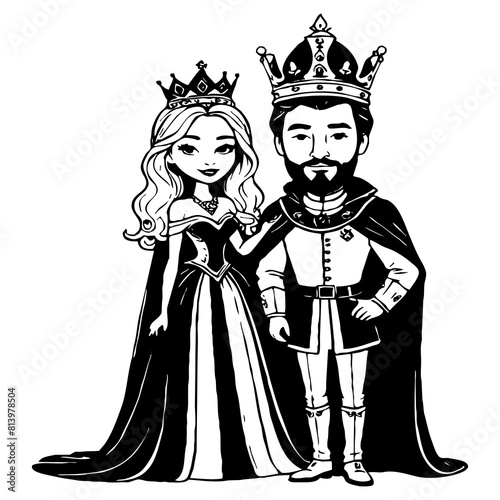 King and queen . Fictional Characters. Black and white illustration for use in graphics. Generated by Ai