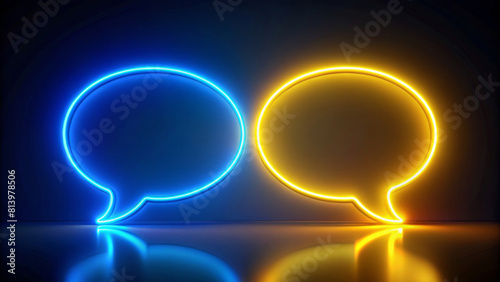 Two neon-lit speech bubbles appear against a dark background, one glowing blue and the other yellow. Their reflection casts a soft, coloured light on the shiny surface below, with copy space.AI genera
