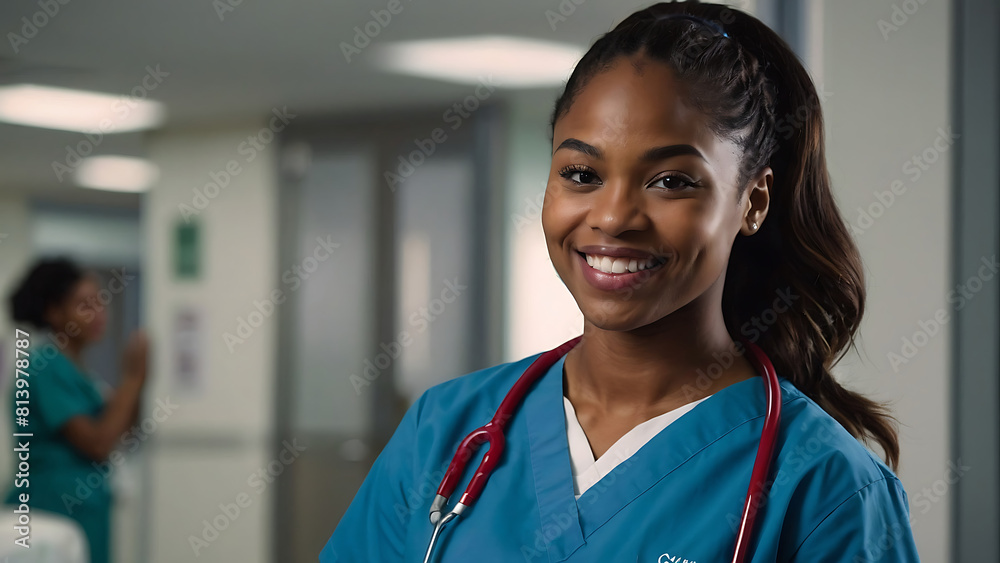 Black Woman or female nurse headshot photograph in a hospital, healthcare worker, woman nurse smiling, registered nurse Black Woman or female nurse headshot photograph in a hospital, healthcare worker, woman nurse smiling, registered nurse